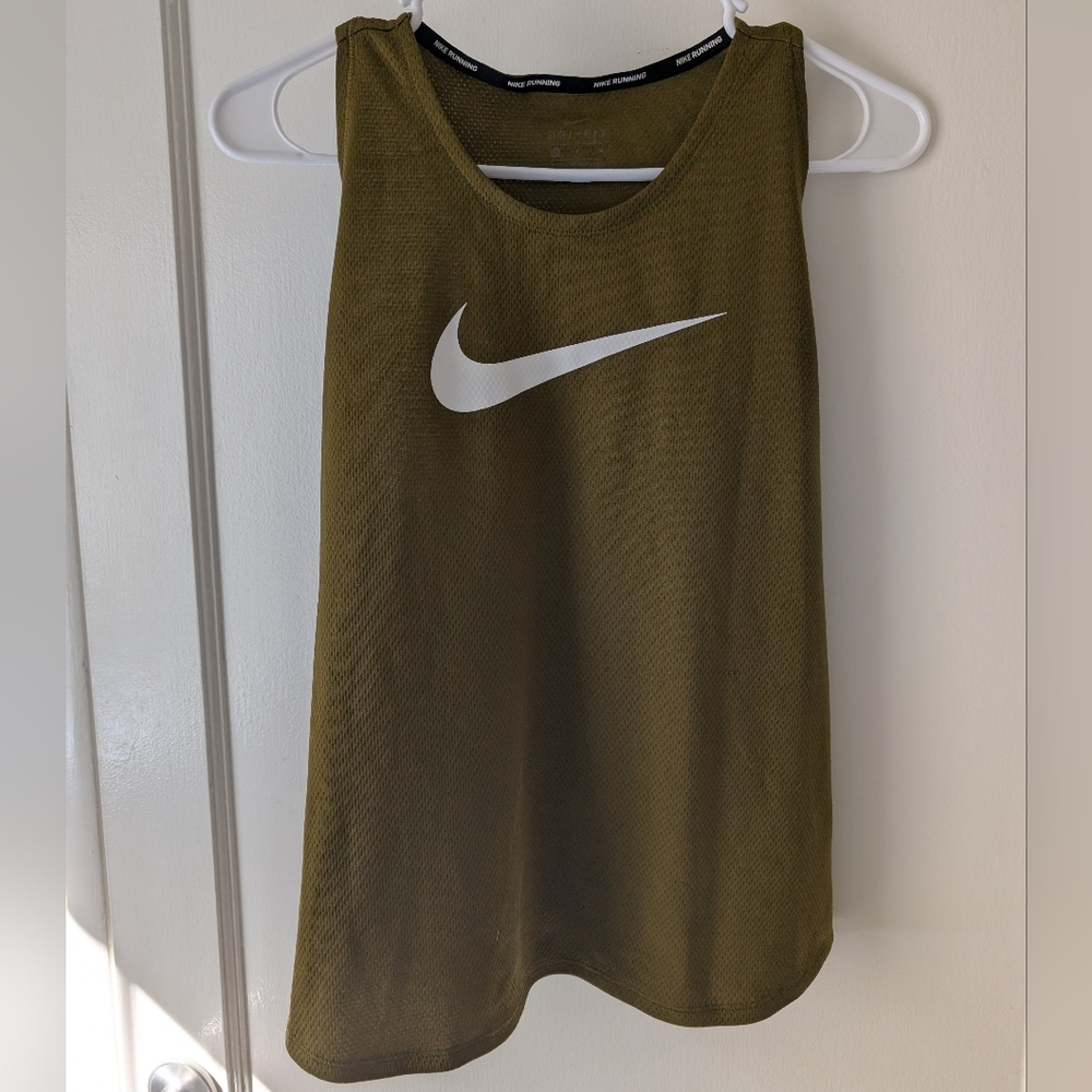 Nike Olive Green Sleeveless Dri-FIT Tank with White Swoosh